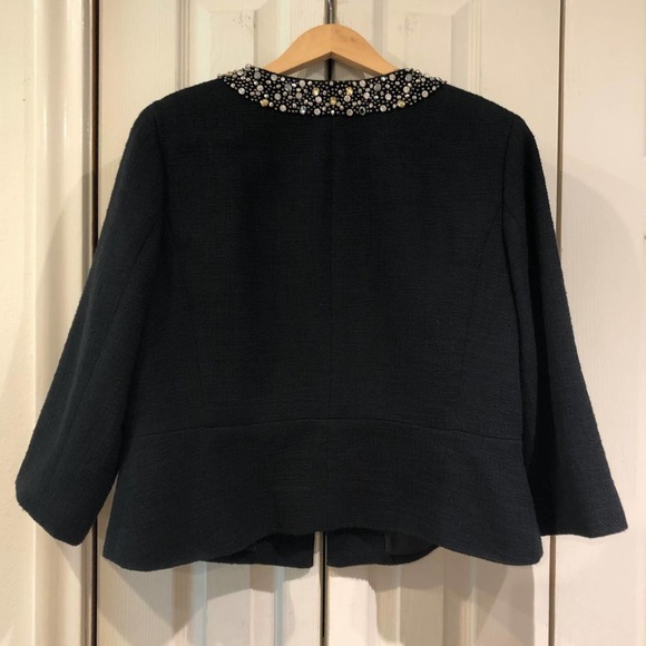 Talbots Black Jeweled Rhinestone Collar Cotton Tweed Blazer Jacket 3/4 Sleeve 16 - Picture 6 of 12
